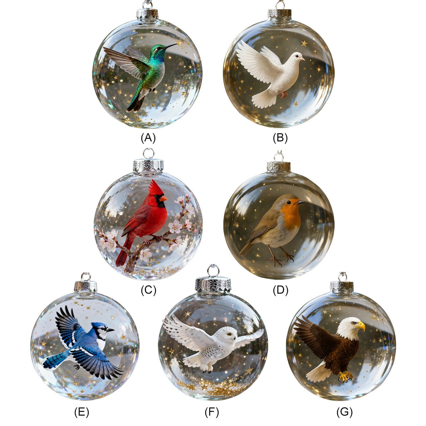 Nature's Birds Crystal Glass Ornament Set Clear Christmas Balls Xmas Tree Hanging Pendant for Holiday Christmas Party Home Decor