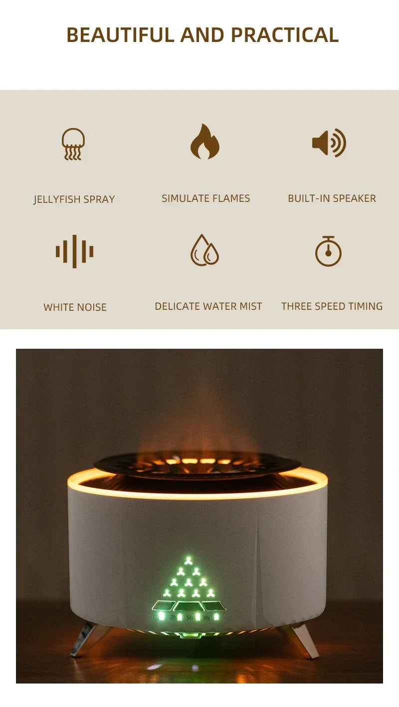 Flame Aroma Diffuser with White Noise Volcanic Lava Large Humidifier Jellyfish Mist Style Essential Oil Diffuser 3 Speed Modes