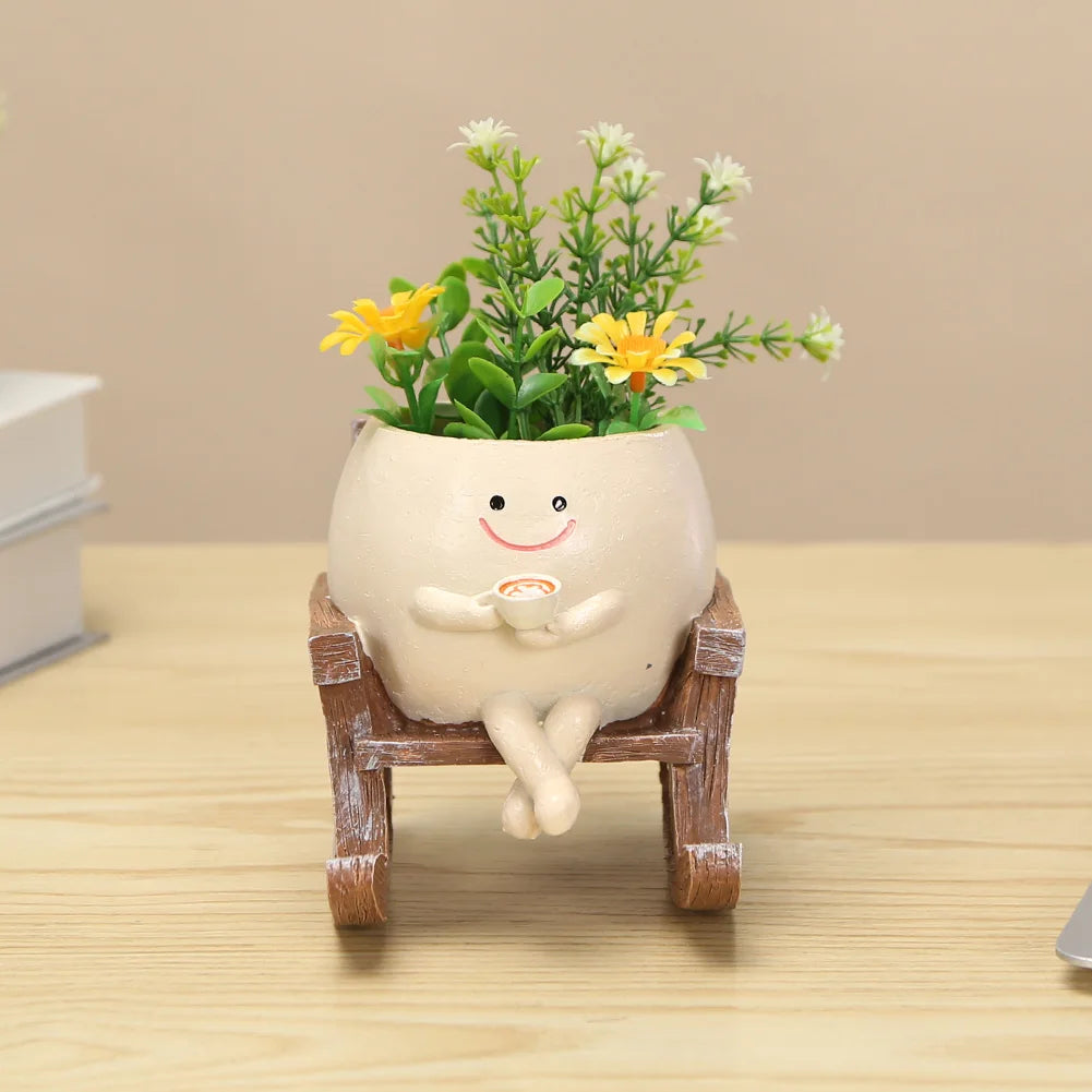 Creative Rocking Chair/Swing Face Plant Pot Garden Pots Cute Resin Head Planters Home Garden Supplies for Indoor Outdoor Plants