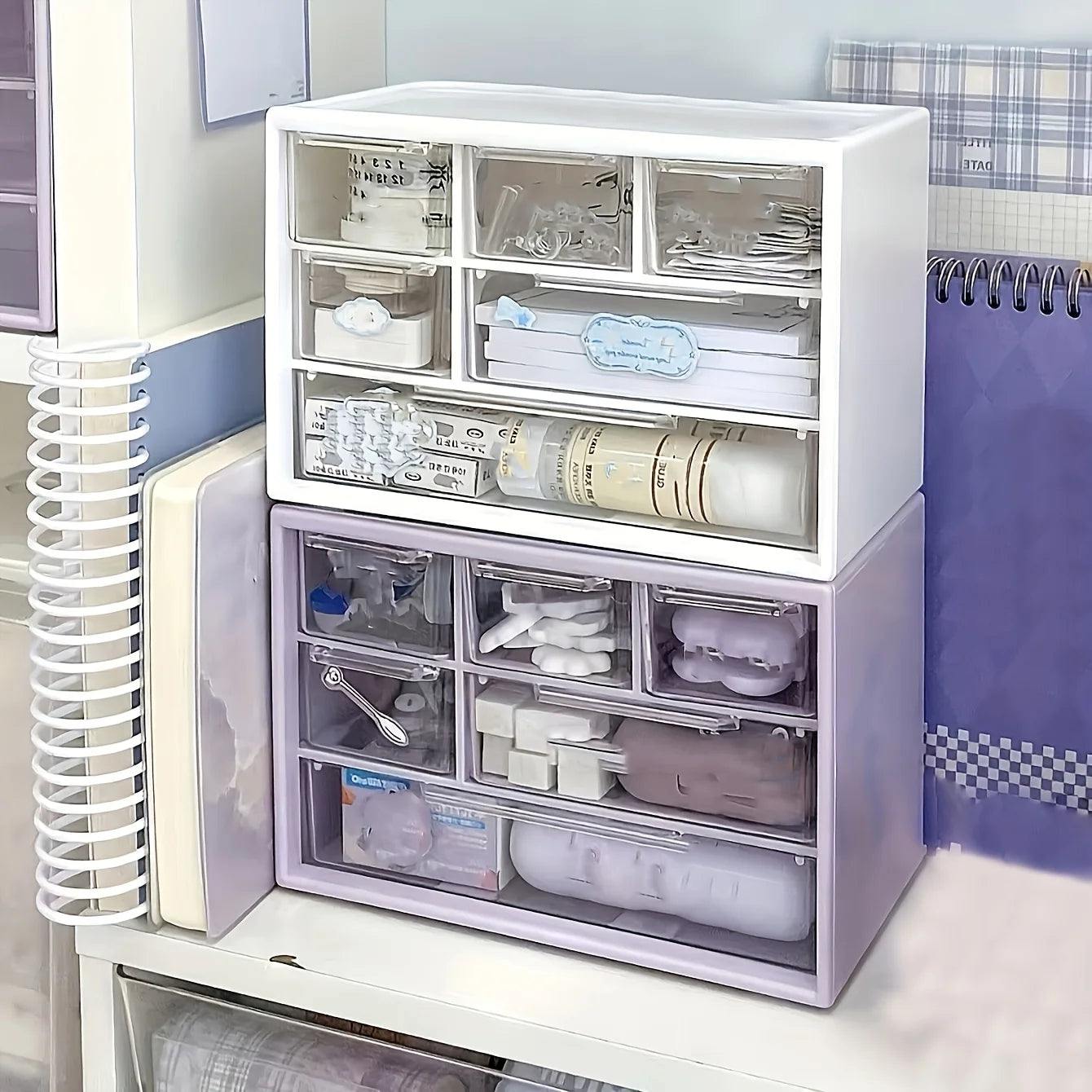 1pc Large Capacity Multi-Functional Plastic Desktop Organizer with Drawer for Office Supplies, Stationery, Dorm Storage