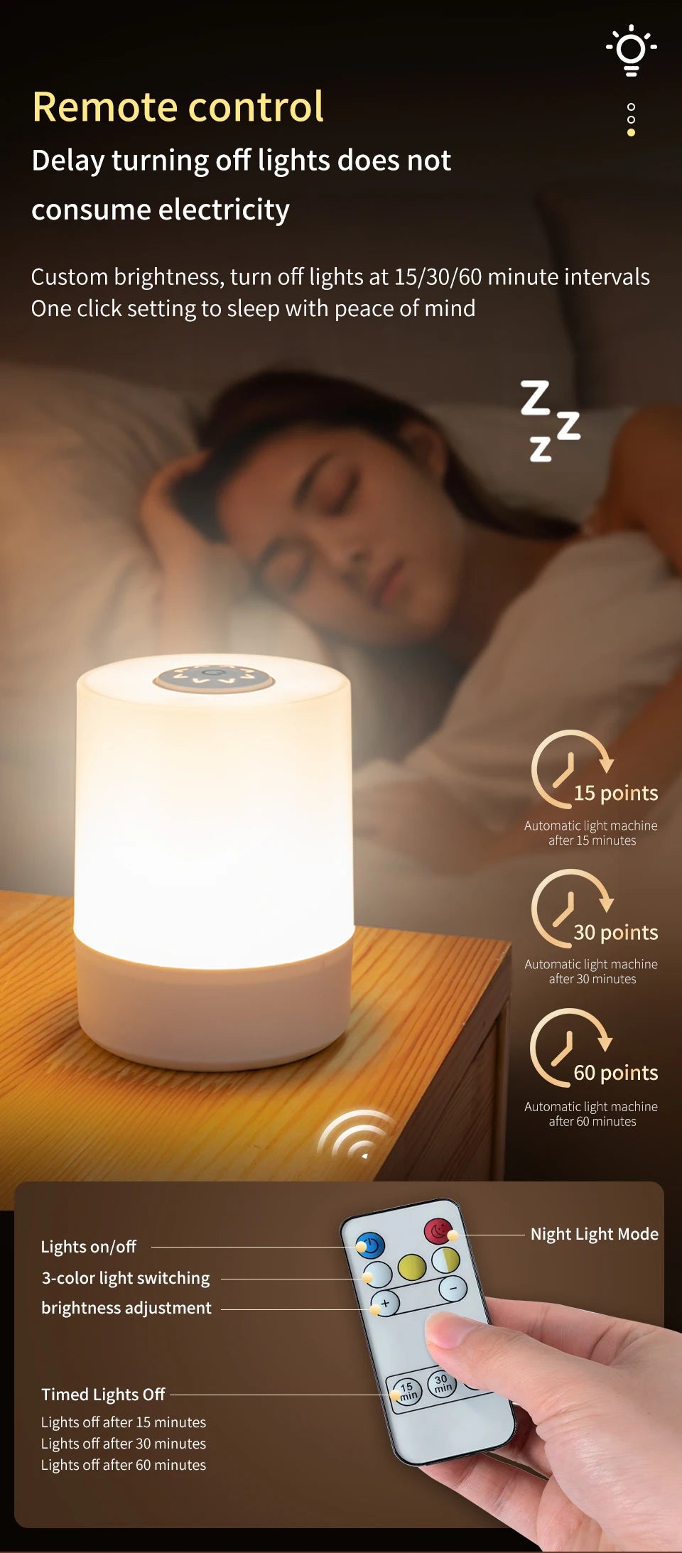 Remote Control Switch Rechargeable Three Colors Lights Night Lamp
