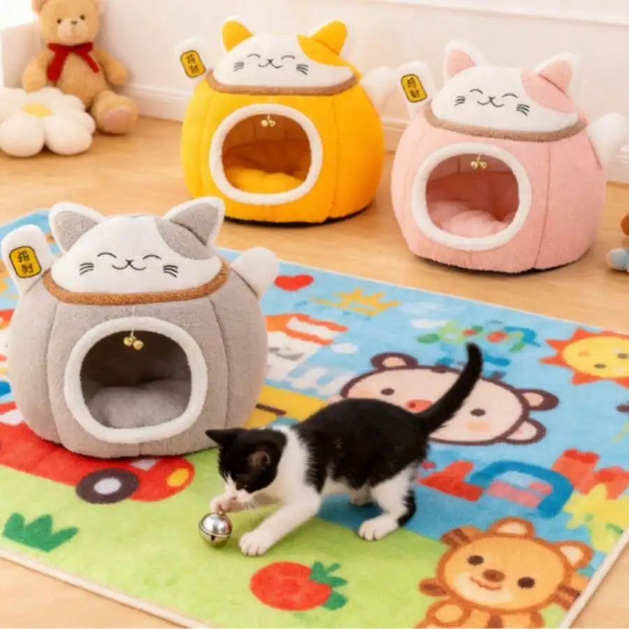 Lucky Fortune Cat Pet Bed - Winter Warm Semi-Open Fleece Round Bed For Cats