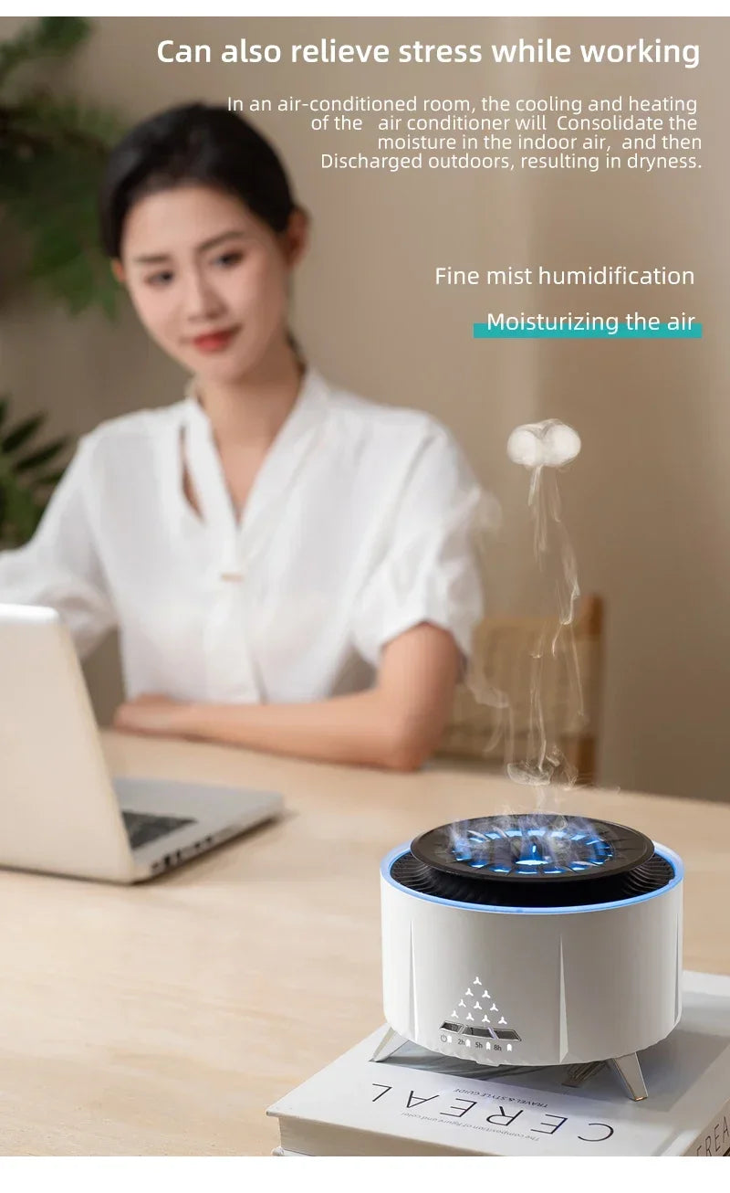 Flame Aroma Diffuser with White Noise Volcanic Lava Large Humidifier Jellyfish Mist Style Essential Oil Diffuser 3 Speed Modes