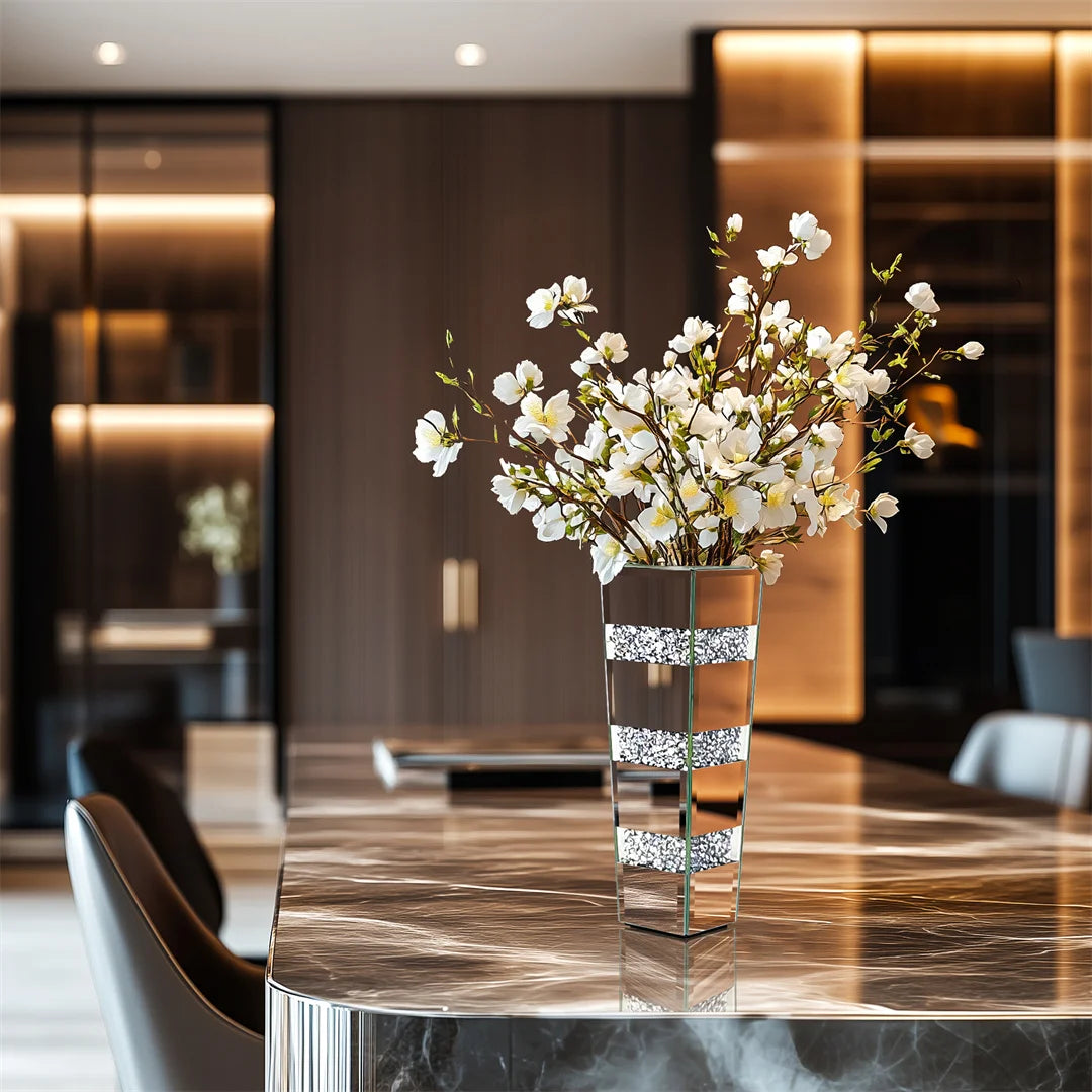 Modern Floor Flower Vase Decorative Crystal Silver Standing Mirrored Flower Vase Floral Arrangement Vase