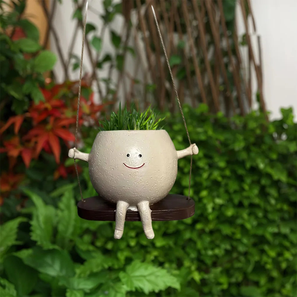 Creative Rocking Chair/Swing Face Plant Pot Garden Pots Cute Resin Head Planters Home Garden Supplies for Indoor Outdoor Plants
