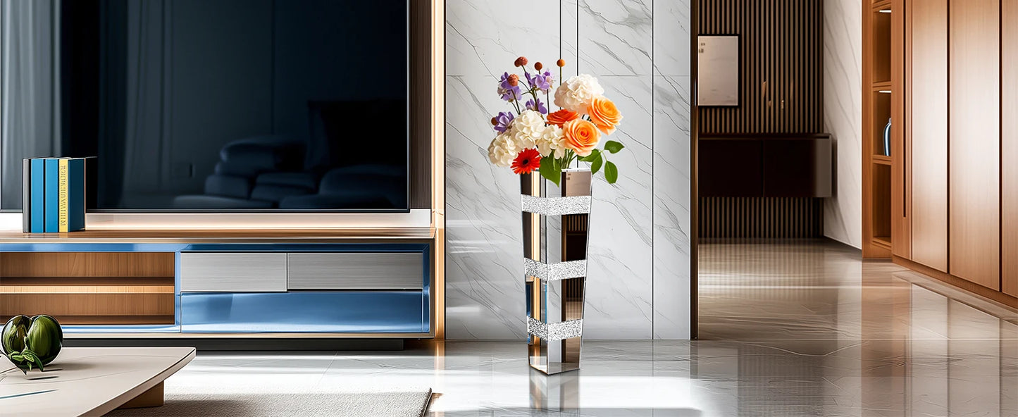 Modern Floor Flower Vase Decorative Crystal Silver Standing Mirrored Flower Vase Floral Arrangement Vase