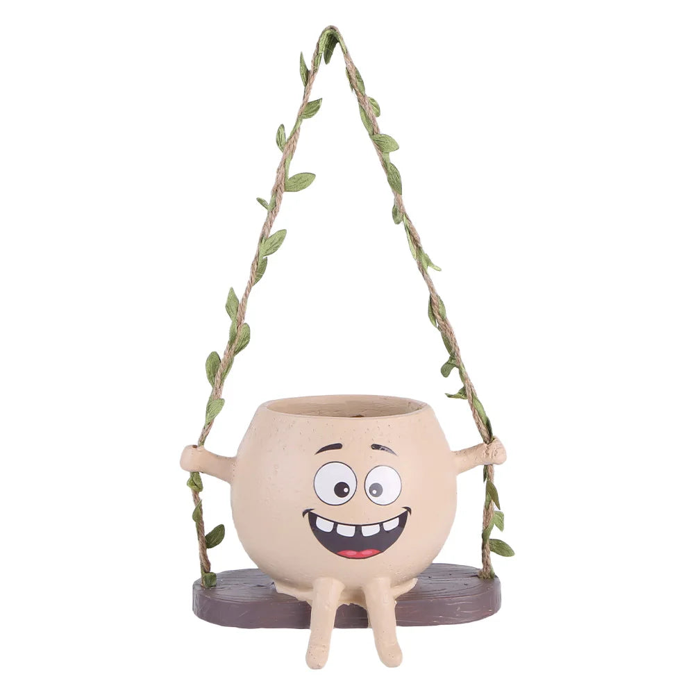 Creative Rocking Chair/Swing Face Plant Pot Garden Pots Cute Resin Head Planters Home Garden Supplies for Indoor Outdoor Plants