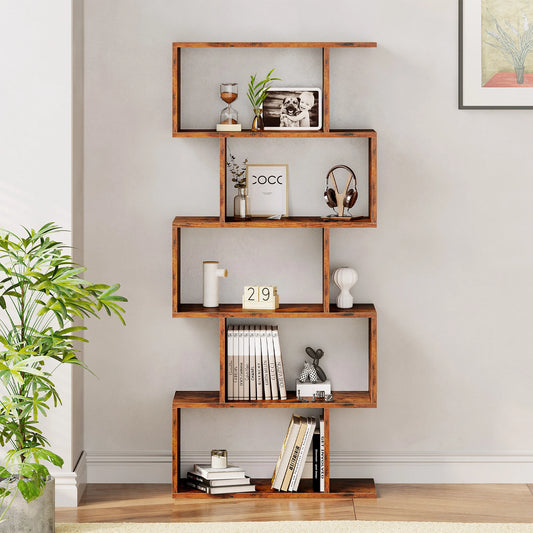 JHK 62IN Geometric Bookcase 5 Tier S-Shaped Wooden Display Bookshelf Storage Standing Shelf Stable Frame Graduated Shelves