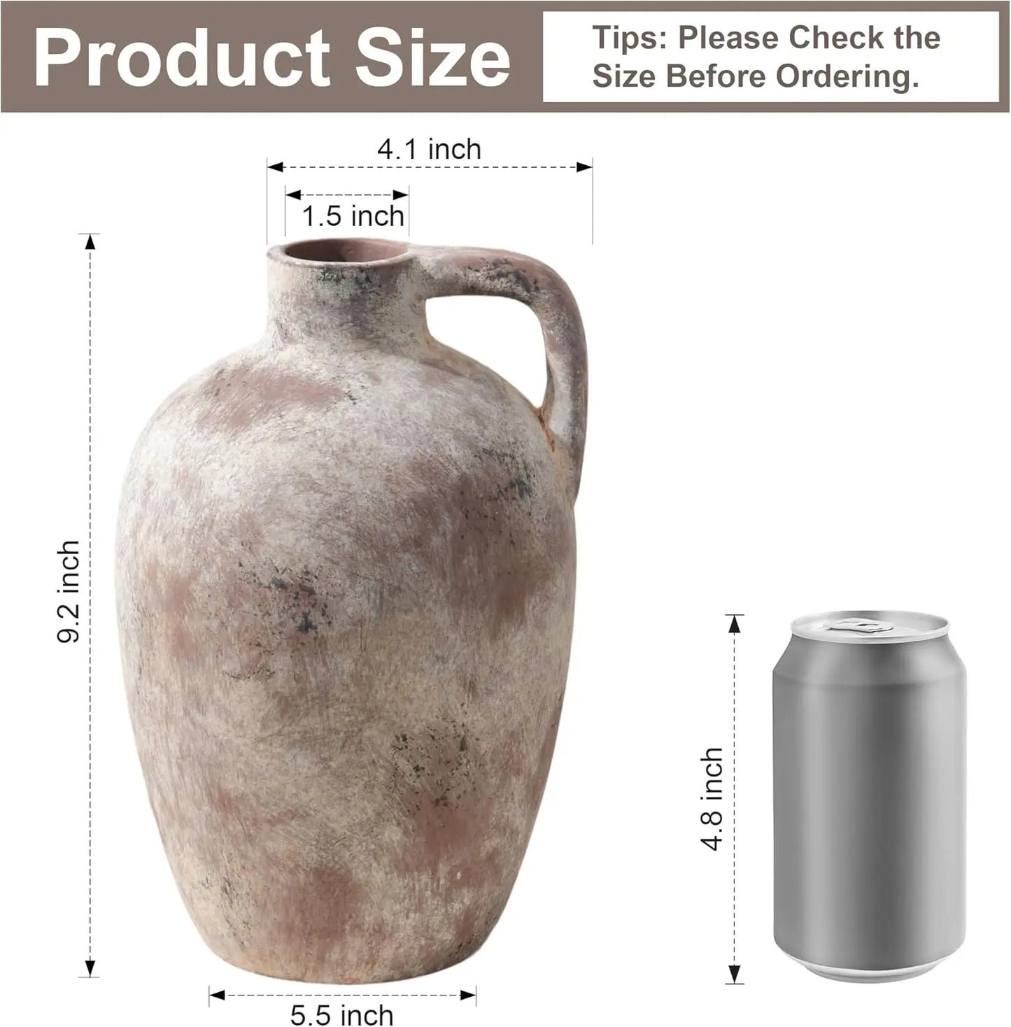 Ceramic Flower Vase with Handles,10" Neutral Tall Clay Terracotta Vases Farmhouse Table Vases with Handle Living Room De