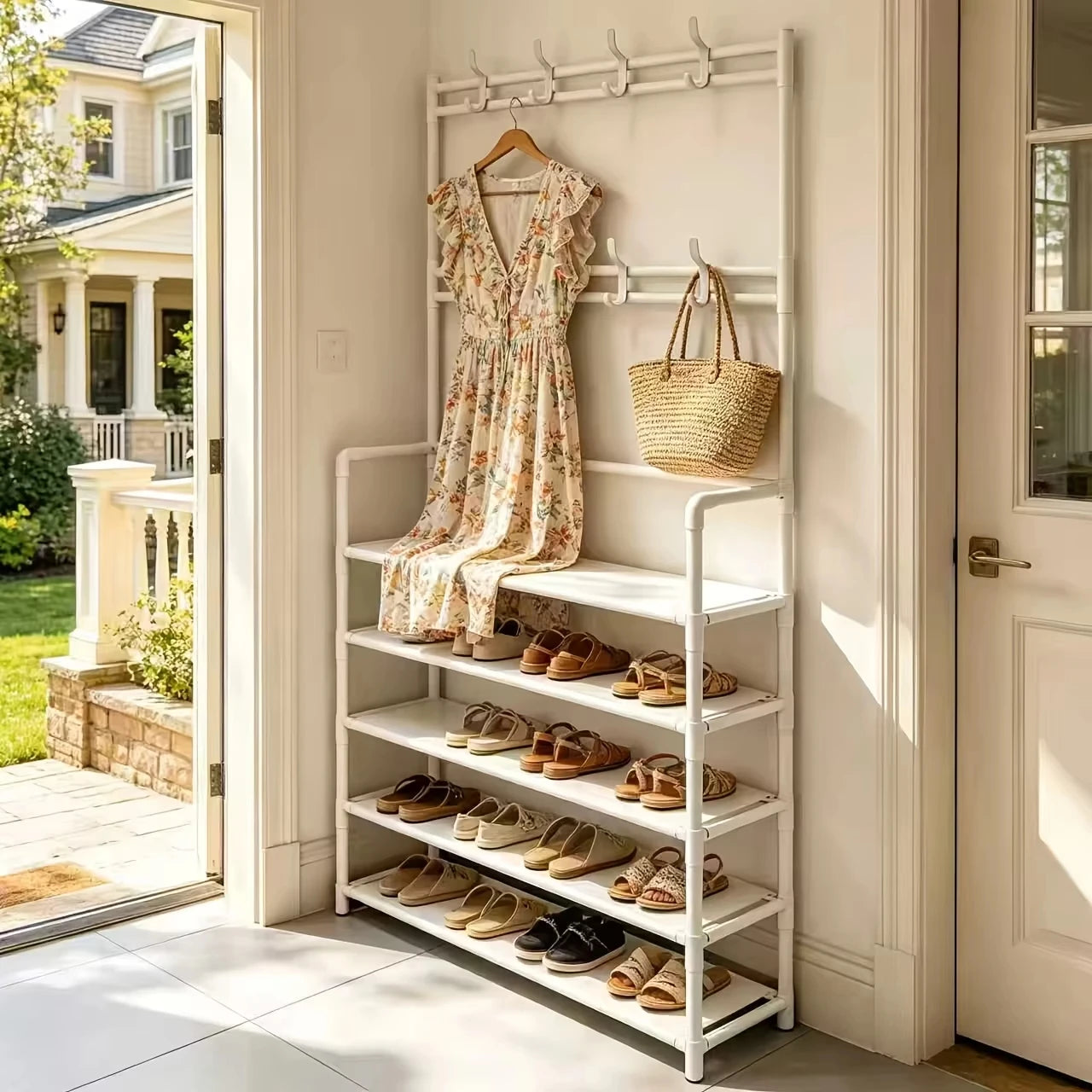 Shoe & Coat Rack 5-Tier Large Capacity Entryway Organizer Space-Saving Layered Storage for Apartment Dorm Home