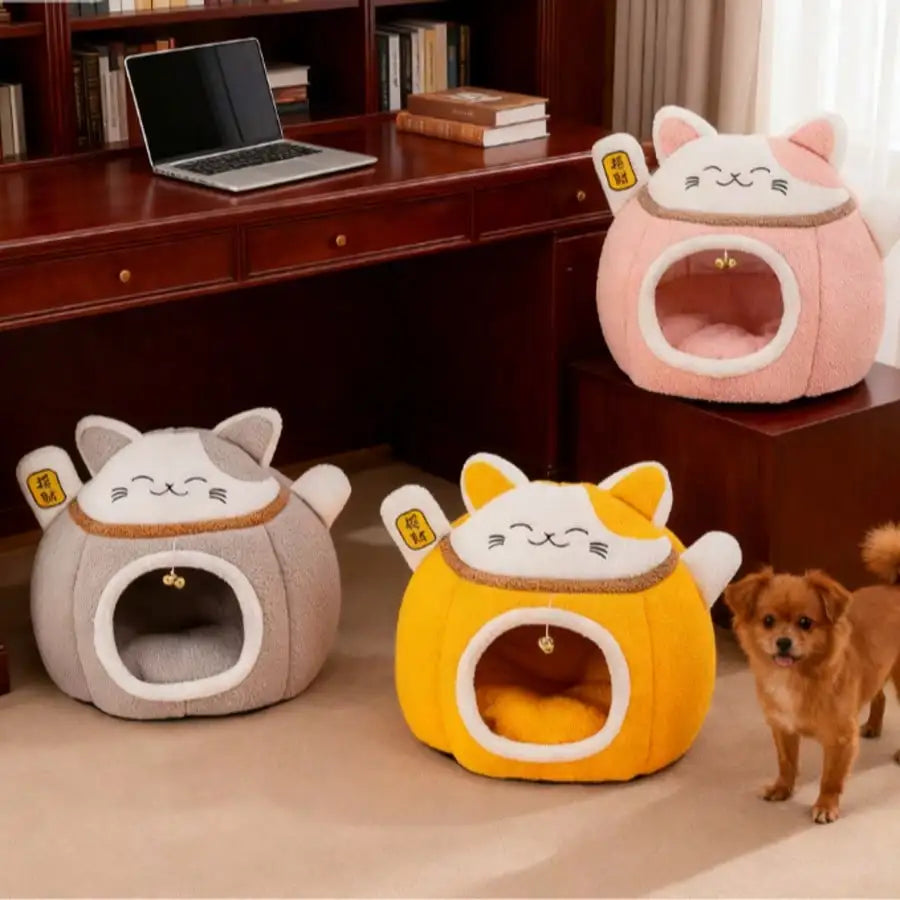 Lucky Fortune Cat Pet Bed - Winter Warm Semi-Open Fleece Round Bed For Cats