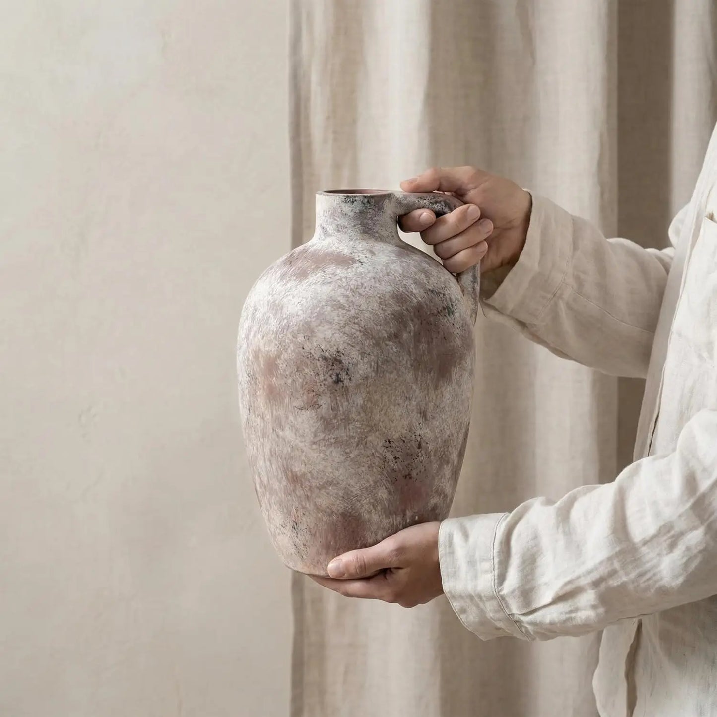 Ceramic Flower Vase with Handles,10" Neutral Tall Clay Terracotta Vases Farmhouse Table Vases with Handle Living Room De