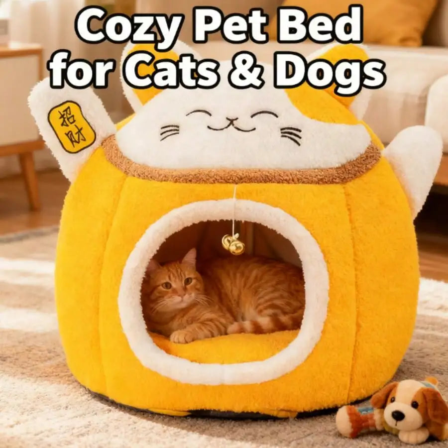 Lucky Fortune Cat Pet Bed - Winter Warm Semi-Open Fleece Round Bed For Cats
